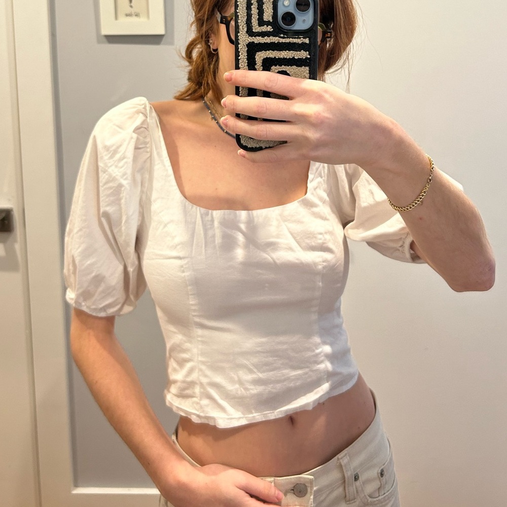 Staud Puff Sleeve Courset Crop Top